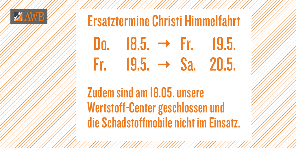 awbkoeln_info's tweet photo. Aufgrund des Feiertags am 18. Mai verschieben sich alle #Abfuhrtermine in dieser Woche ab dem 18.05. jeweils um einen Werktag nach hinten. Wir wünschen euch einen schönen Feiertag!
#AWBkoeln #müllabfuhr #teamAWB https://t.co/cvPiVQ01DT