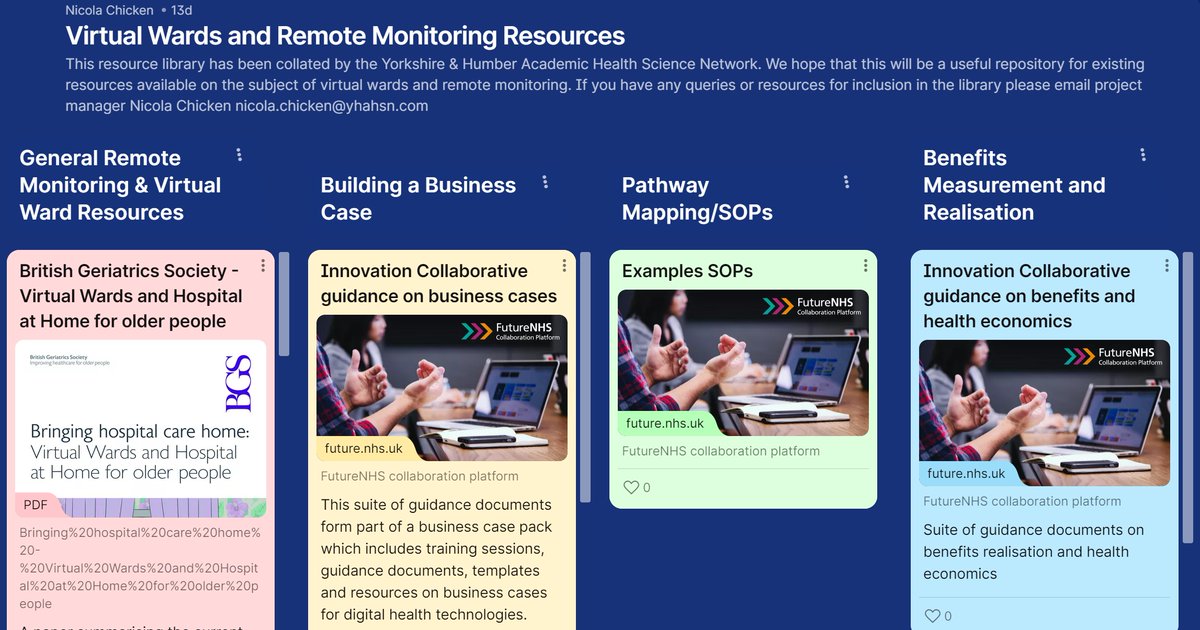 Check out our newly created #virtualwards and #remotemonitoring resource library - bringing together useful links from across the NHS into one, easy to access place 👇
padlet.com/nicolachicken/…