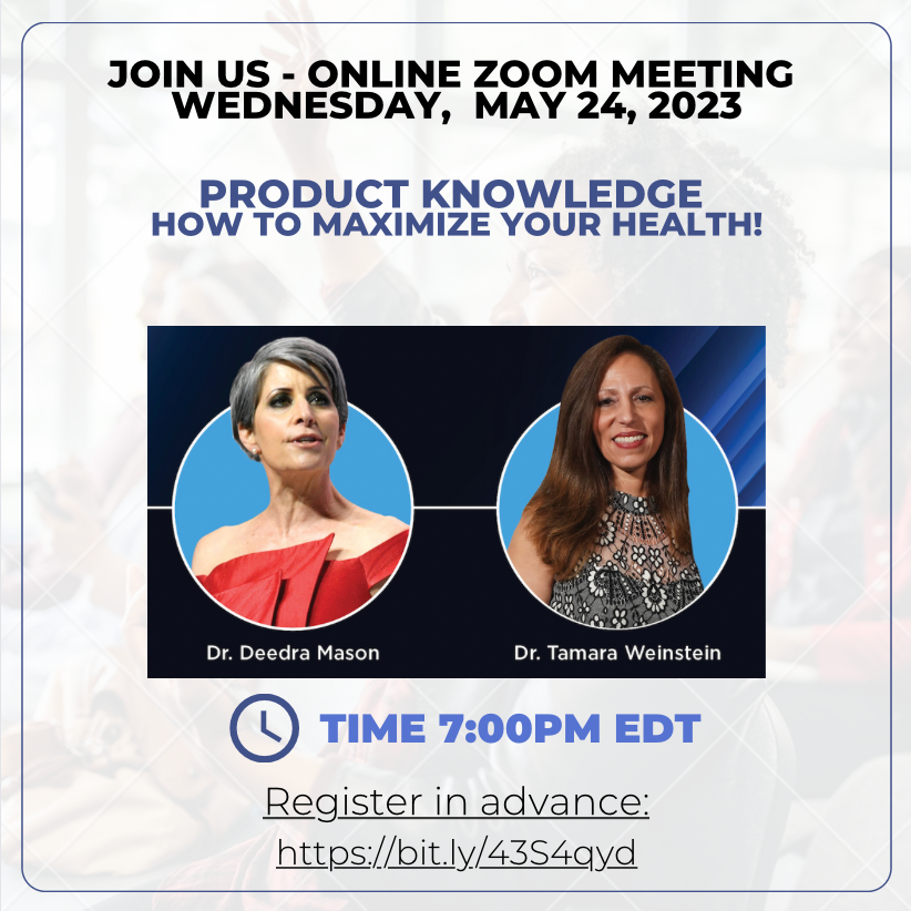 MarketAmerica's tweet photo. 🚨Special Session - Product Knowledge🚨
Who: Dr. Deedra Mason and Dr. Tamara Weinstein
What: How To Maximize Your Health
When: Wednesday - May 24 @ 7 PM EDT
Where: Zoom
Click the link below to register!
🔗https://t.co/Ld41Fn2udt
#MarketAmerica | #SHOPweek https://t.co/jfJAzkRG3S