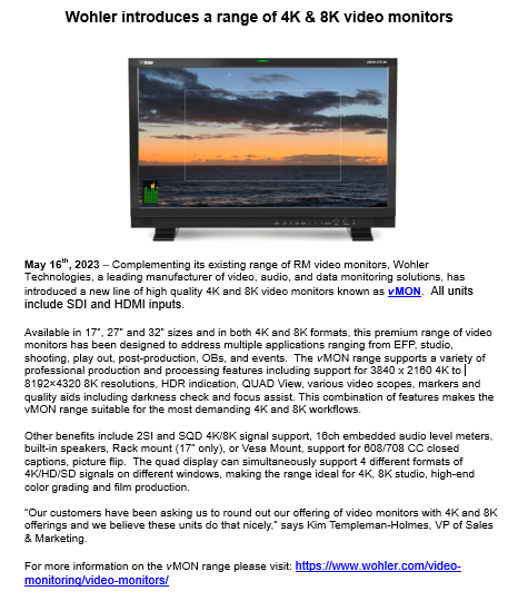 Wohler introduces a range of 4K &amp; 8K video monitors