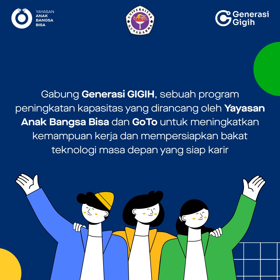 gunadarma_'s tweet photo. Pendaftaran privat Generasi GIGIH 3.0 dibuka mulai 8-21 Mei 2023, dan kamu bisa mendaftar melalui Staff Program Studi:
- S1 Informatika: Ibu Ike (0877-8198-5845)
- S1 Sistem Informasi: Ibu Lilis (0821-2745-3186)
#Gunadama #MBKM #YayasanAnakBangsaBisa #YABB #GenerasiGIGIH https://t.co/bAYAUqNhUD