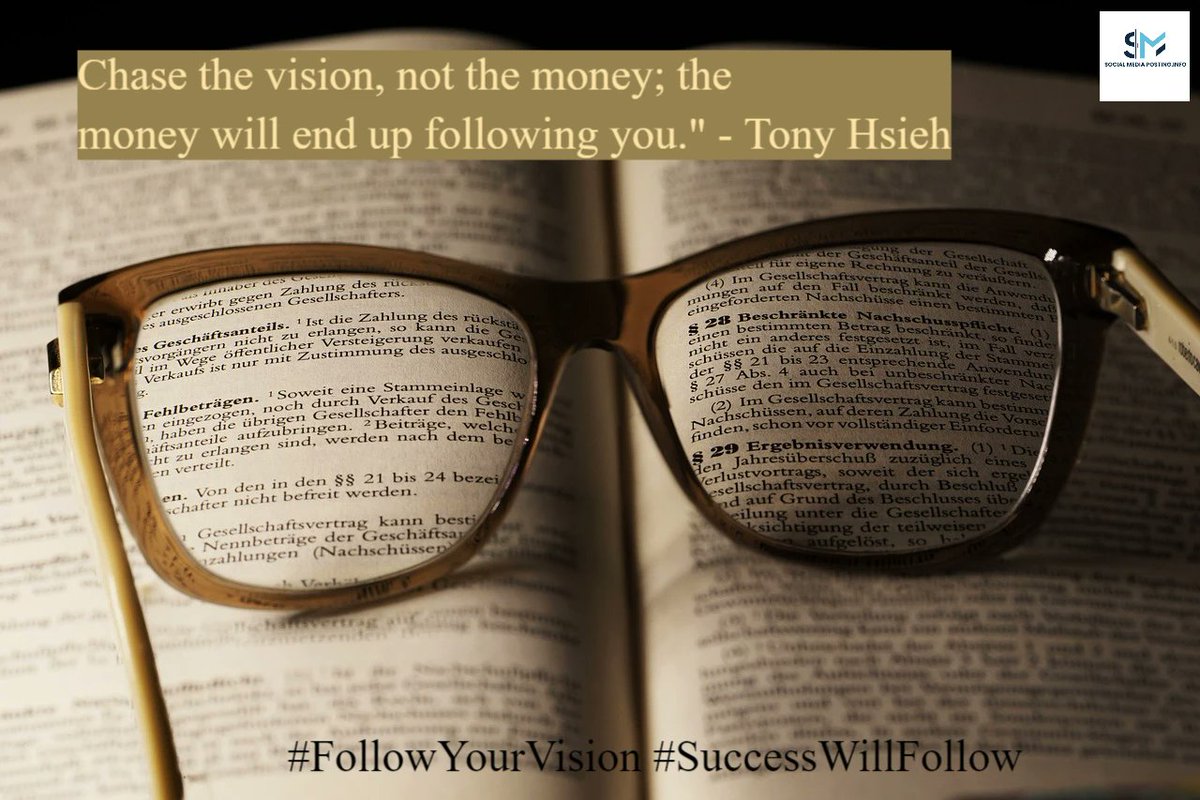 Chase the vision, not the money; the money will end up following you.' - Tony Hsieh
#FollowYourVision #SuccessWillFollow