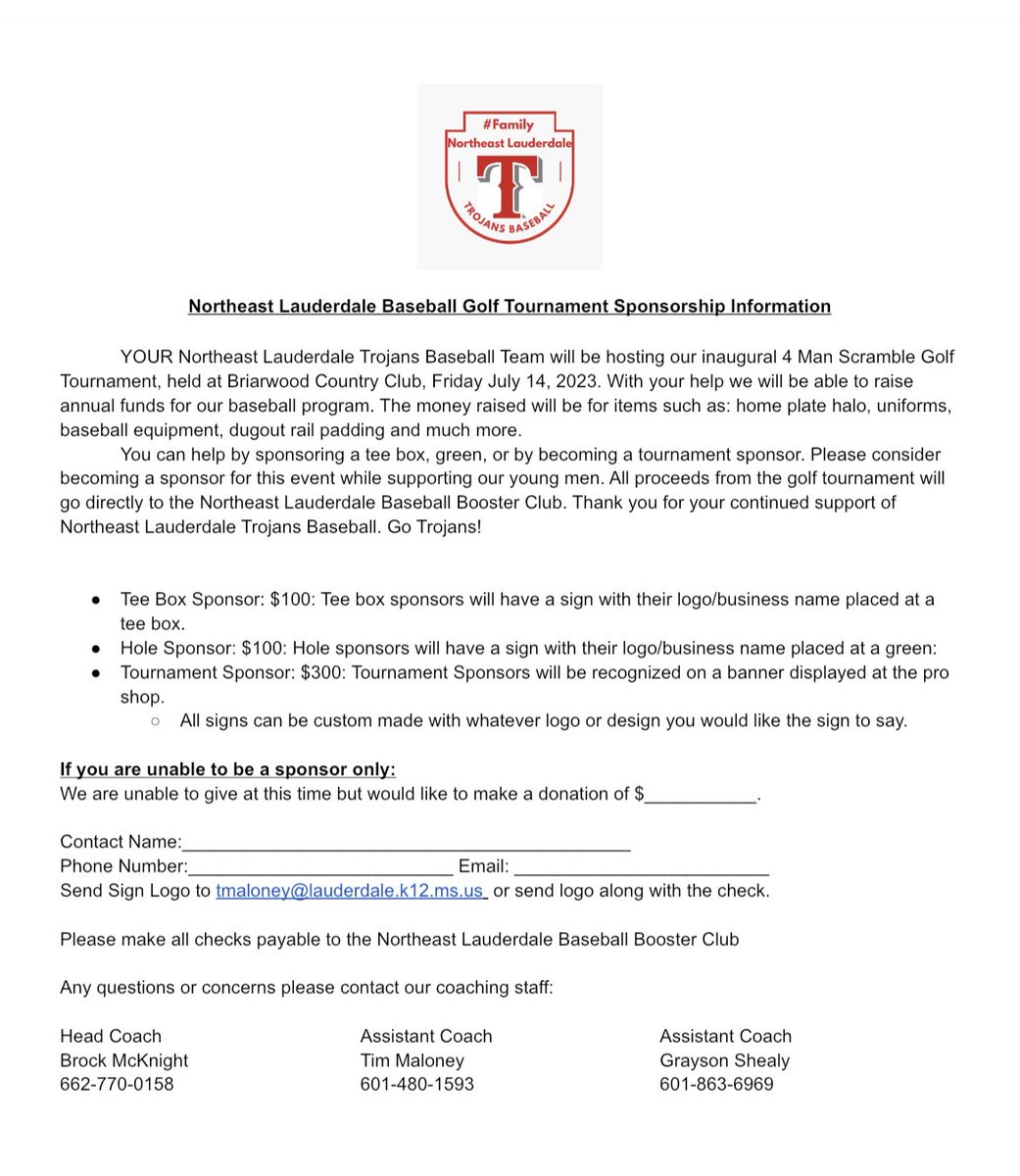 Join us on July 14 at Briarwood Country Club for our inaugural Northeast Lauderdale Baseball 4 Man Scramble Golf Scramble. Entry fee will be turned in the day of the tournament. 

Follow the below link to sign up today!

docs.google.com/forms/d/14ly_w…