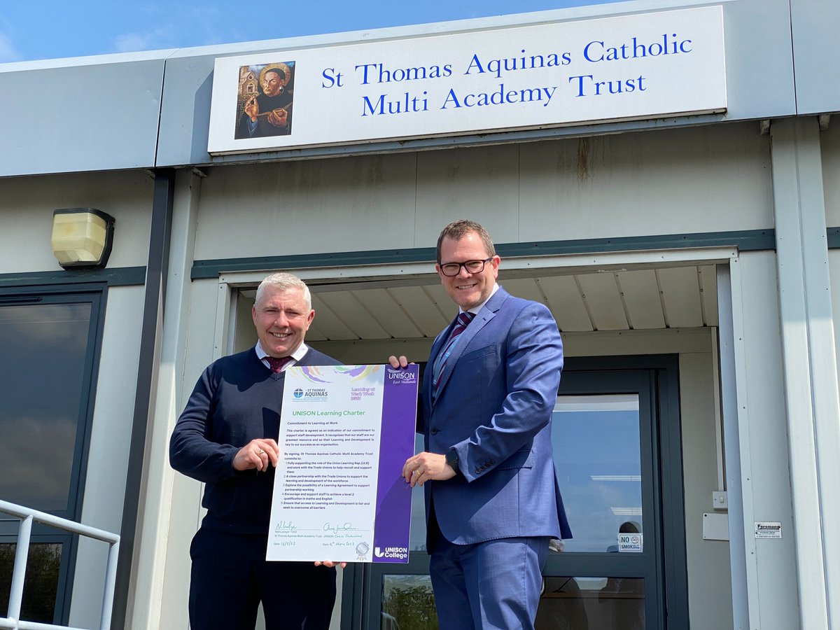 sta_cmat's tweet photo. Our CEO, Neil Lockyer, was delighted to welcome Chris Jenkinson, Unison Regional Secretary, to the CMAT office today to sign the Learning Charter – a commitment to the ongoing learning and development opportunities for all who work in the St Thomas Aquinas CMAT https://t.co/BFXfxyN9He