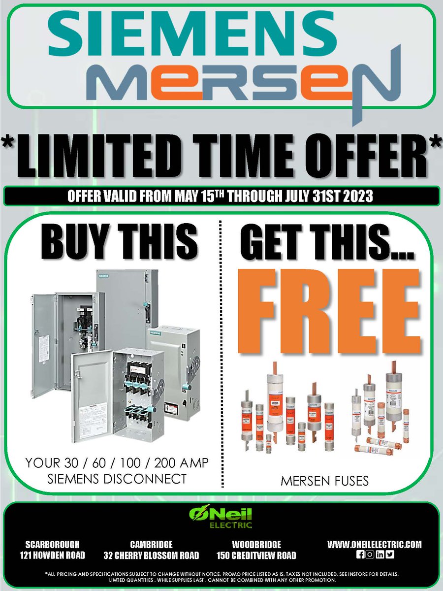 Purchase a 30/60/100 or 200AMP @Siemens #Disconnect & receive your #Mersen #Fuses...#FREE! Limited time offer, valid May15th - July31st only. #promo #deals #event #sale #electrical #lighting #construction #vaughan #woodbridge #scarborough #cambridge #kitchener #waterloo #oneil