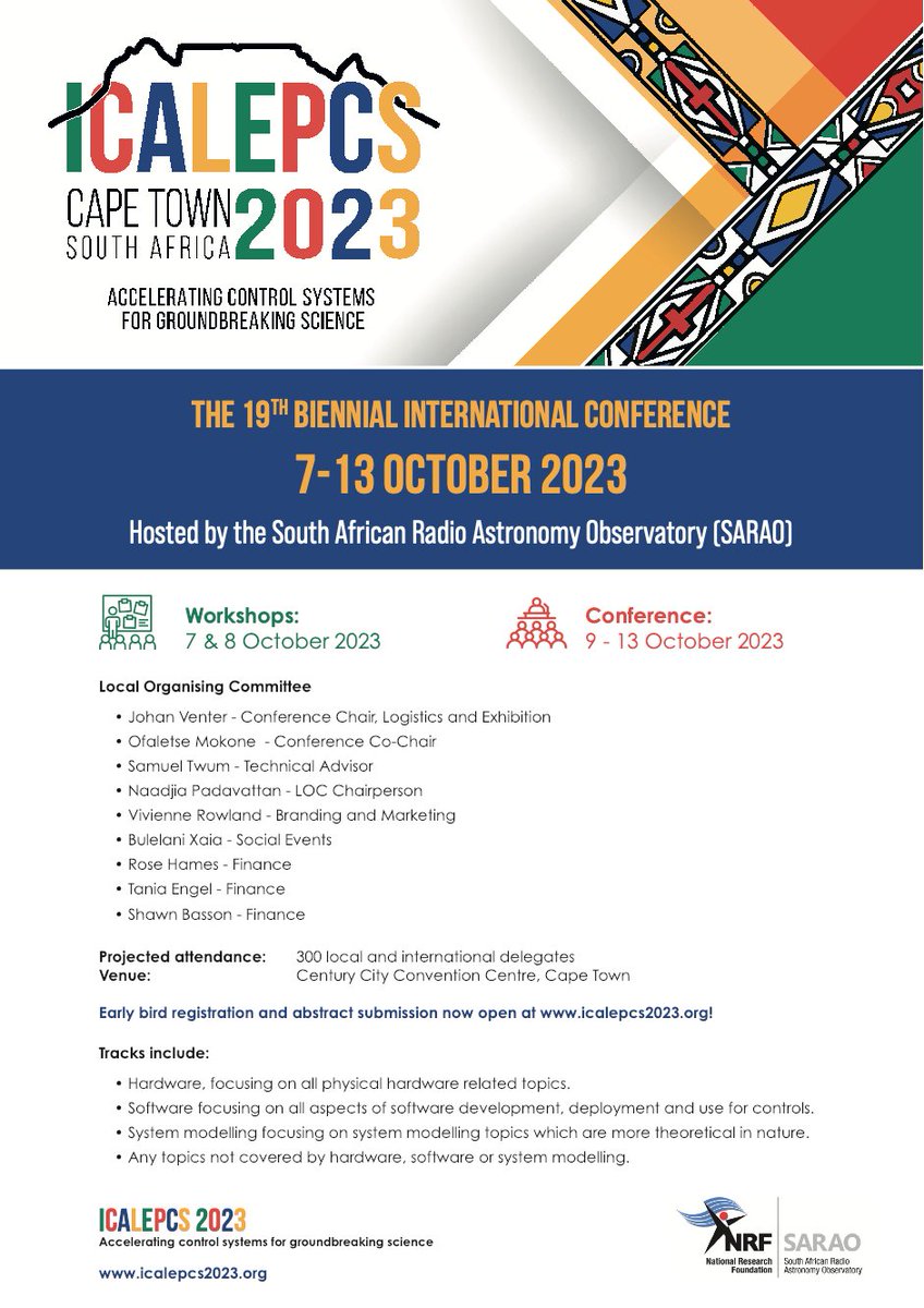 SKA_Africa's tweet photo. Field of control and data acquisition systems. Large experimental physics systems. Particle accelerators and detectors. We have it all @ ICALEPCS 2023. Register at https://t.co/lEywMfhRTa today! #ICALEPCS2023 #SARAO #groundbreakingscience #SAscience #MeerKAT https://t.co/orJ70p2GYp