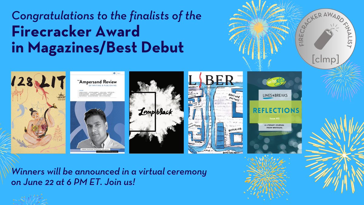 CLMP (@clmporg) on Twitter photo Congratulations to the finalists of the 2023 Firecracker Award in Magazines/Best Debut: @128_lit, <a href="/ampersandreview/">The Ampersand Review of Writing & Publishing</a>, <a href="/lampblack_lit/">Lampblack Lit</a>, <a href="/LiberReview/">LIBER: A Feminist Review</a>, and Lines & Breaks. clmp.org/programs-oppor… Congratulations to the finalists of the 2023 Firecracker Award in Magazines/Best Debut: @128_lit, <a href="/ampersandreview/">The Ampersand Review of Writing & Publishing</a>, <a href="/lampblack_lit/">Lampblack Lit</a>, <a href="/LiberReview/">LIBER: A Feminist Review</a>, and Lines & Breaks. clmp.org/programs-oppor…