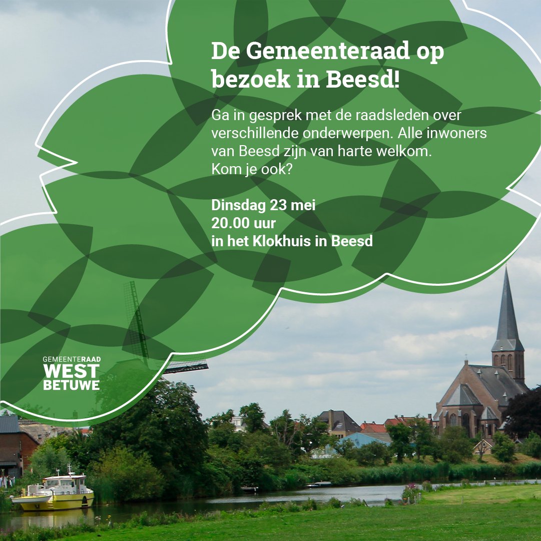 raadwestbetuwe's tweet photo. Woon je in #Beesd? Ga dan op 23 mei het gesprek aan met de gemeenteraad en deel jouw ideeën of zorgen over:

1 Woningbouw 
2 Sluipverkeer 
3 Onderhoud groen 
4 Doorontwikkeling bedrijventerrein Homburg 
5 Voorzieningsgebied Beesd 

Alle inwoners van Beesd zijn welkom! Kom je ook? https://t.co/CHzV5DfRvt