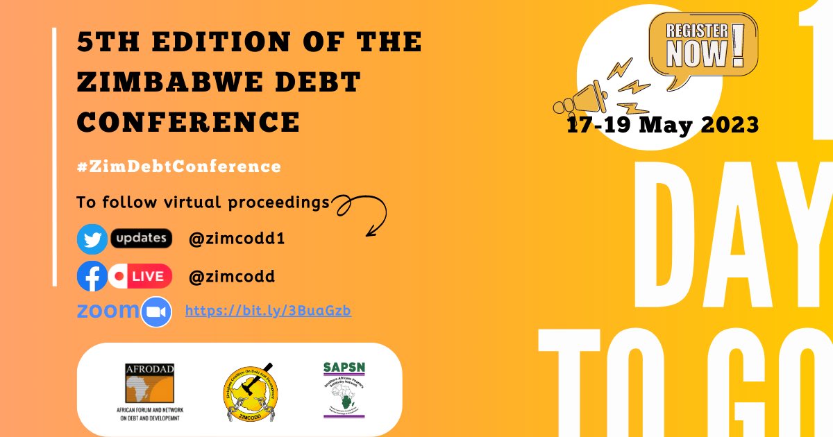 ZIMCODD1's tweet photo. 📢1 DAY to go !
The Zimbabwe Debt Conference starts tomorrow!
📆Date: May 17-19, 2023.
📌Place: Harare, Zimbabwe.
Attend virtually via zoom Day 1-3 ➡️https://t.co/ka967bHLN0 or on our Facebook: @zimcodd
#ZimDebtConference #DebtAudit https://t.co/pcXX5USPaj
