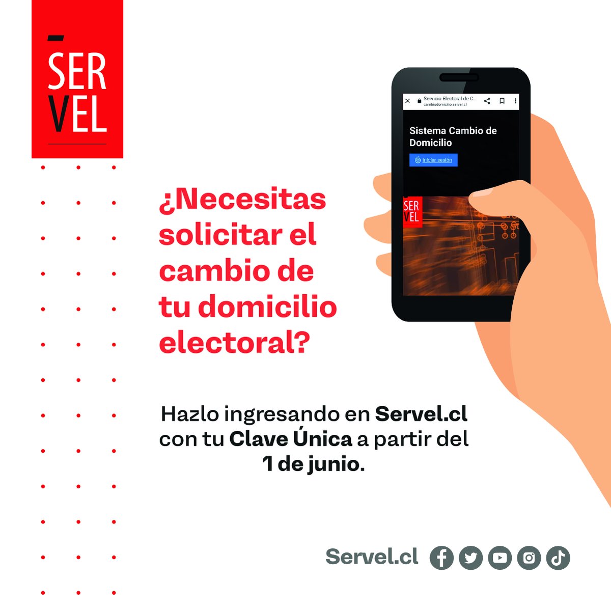 Desde el 1 de junio, quienes necesiten solicitar el trámite de cambio de domicilio electoral podrán realizar este trámite en Servel.cl y en Direcciones Regionales de Servel.