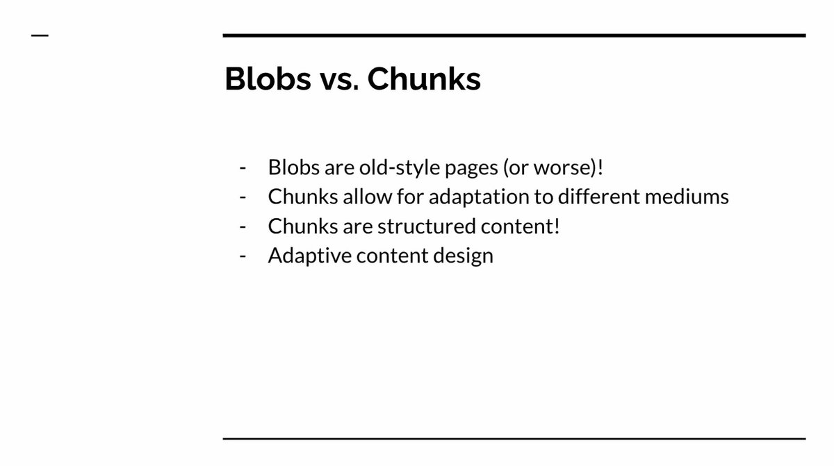 we_are_Nomensa's tweet image. Blobs vs. Chunks:

💡 Blobs are old-style pages (or worse!)
💡 Chunks allow for adaptation to different mediums
💡 Chunks are structured content!
💡 Adaptive content design

#A11y #Virtua11y #AccessibleContent #ContentDesign #Design #UX #Accessibility #WebAccessibility
