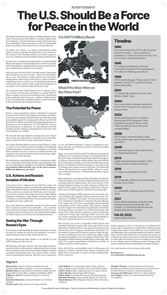 samhusseini's tweet photo. Strong ad in NYT on US policy paving way for Ukraine war -- complete with great timeline and map of US bases -- by signed by former national security officials including @MatthewPHoh @ColeenRowley @karen4the6th Dennis Fritz, Larry Wilkerson, Winslow Wheeler -- by @MediaEisenhower https://t.co/VN5ATjmc6o
