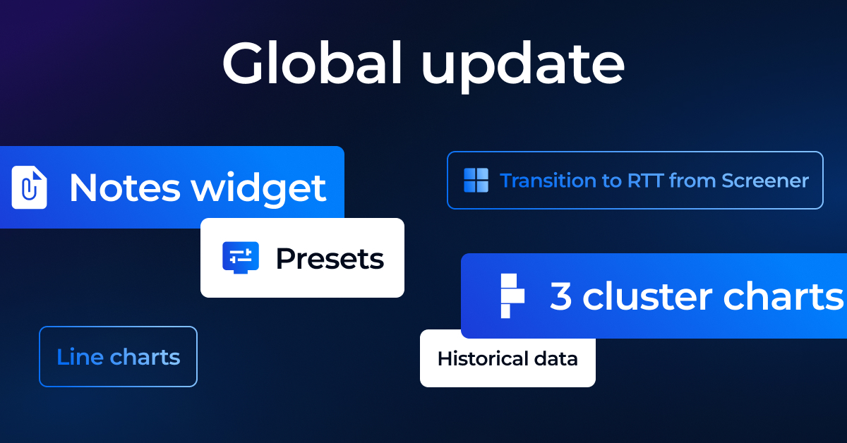 📢 Attention, everyone! 📢

Here is a new platform update 🚀 What's in store for you:

1️⃣ 3 сluster сharts instead of 1
2️⃣ Historical data
3️⃣ Your own presets
4️⃣ Notes widget with quick access to saved notes
5️⃣ Direct transition to RTT from Screener

Log in and try! 🙌