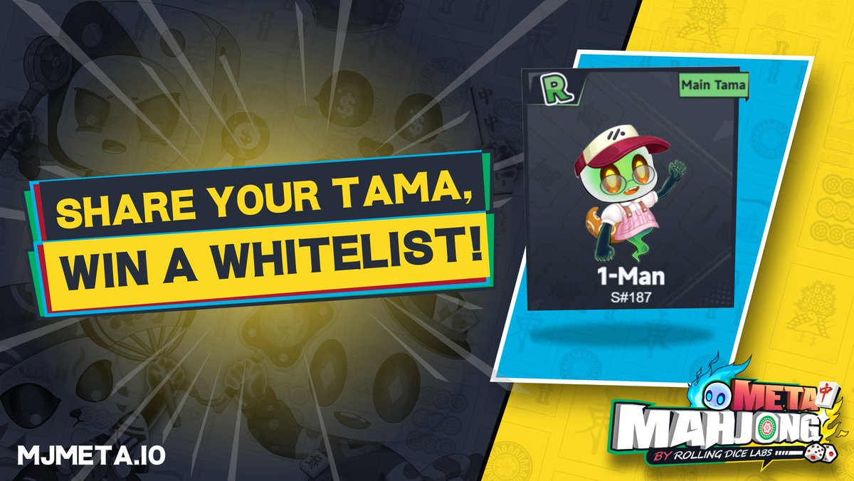 0xMJM's tweet photo. Want to win a spot on the WL?🀄️
Then share your Beta ID and your Tama with us in comments.
🚨Extra chance if using #playMahjongMeta 

✅Ends in 3 days.

🔥We will be raffling 2 WLs (Genesis Collection).

👉Join our Discord for more: https://t.co/Vw7TxmKkew 

#Giveaway #Whitelists https://t.co/HLZAIACcYB