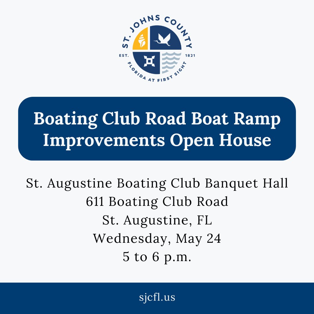 St. Johns County will host an open house for the planned Boating Club Road Boat Ramp improvements. #SJCParksandRec and #SJCPublicWorks staff will be available to answer questions and share details about the project.
 
Visit sjcfl.us for more info.
 
#MySJCFL