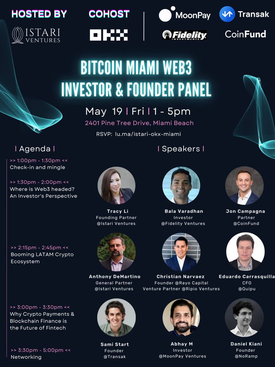 📢 Excited to be hosting an investor &amp; founder discussion at #BitcoinMiami, co-hosted with <a href="/okx/">OKX</a>.🚀

Join our partners Tracy and Anthony as they bring together experts in the #Web3 space from <a href="/coinfund_io/">CoinFund</a>, <a href="/Transak/">Transak</a>, <a href="/moonpay/">MoonPay 🟣</a>, <a href="/quipu/">Esther</a>, and others!
📌  RSVP: lnkd.in/gxYK2x77