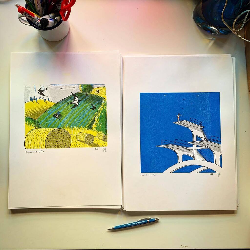 Just collected today from @duplikatpress two reprints of older Risograph’s the Swallows print from Tyneham House and from way back the diver from <a href="/darren/">Darren Wood‽ @darren@mastodon.nz</a>.hayman Lido. (Recently reissued on vinyl by <a href="/wiaiwya/">john jervis</a> ) Both will be available to preorder on Friday … instagr.am/p/CsTnyfwtobM/