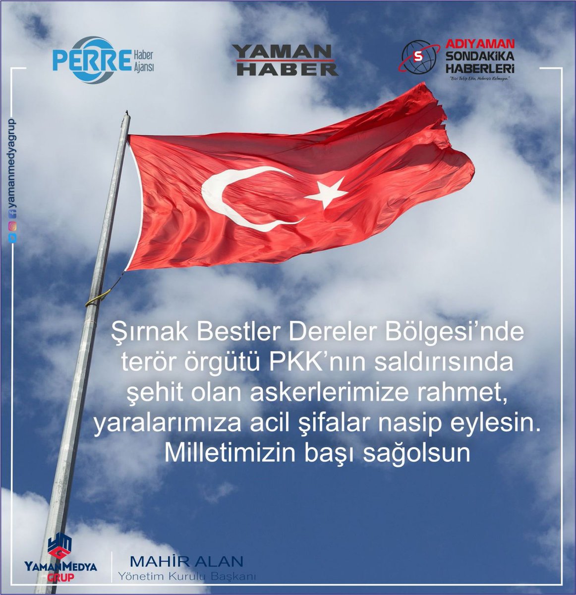 Şırnak Bestler Dereler Bölgesi’nde terör örgütü PKK’nın saldırısında #Şehit olan kahraman askerlerimize Allah’tan rahmet ailelerine sabır ve başsağlığı diliyoruz. Yaralılara ise acil şifalar diliyoruz.