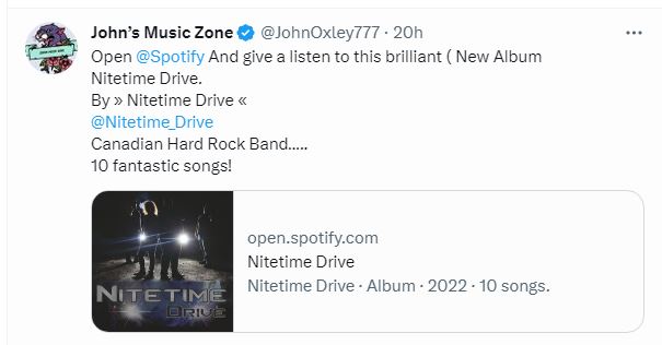 NTD (@nitetime_drive) on Twitter photo Excellent advice from <a href="/JohnOxley777/">John’s Music Zone</a> we think...
Are you listening to us on Spotify? open.spotify.com/artist/4sHLTrS… Excellent advice from <a href="/JohnOxley777/">John’s Music Zone</a> we think...
Are you listening to us on Spotify? open.spotify.com/artist/4sHLTrS…