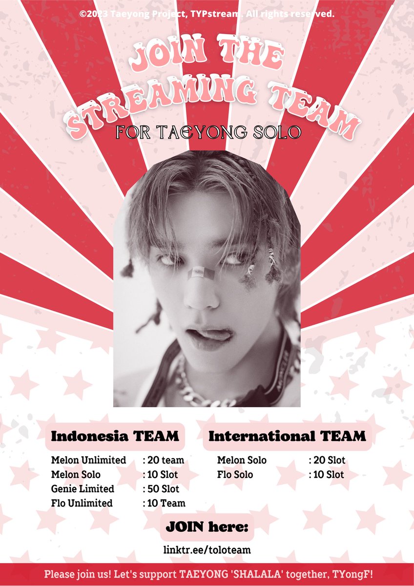 TaeyongProject's tweet photo. 🎶 TAEYONG SOLO STREAMING TEAM 🎶

We open Korean Streaming Team to support #TAEYONG DEBUT '#SHALALA’.

CHOOSE YOUR TEAM👇
🇮🇩 INA TEAM
🍈 Melon
🧞 Genie
💜 Flo

🌐 INTL TEAM 
🍈 Melon
💜 Flo

JOIN HERE! 
🔗 https://t.co/gGp1XThcYu

Grab it fast! Please follow @TYP_stream!🌹 https://t.co/Zfd0y3STjP