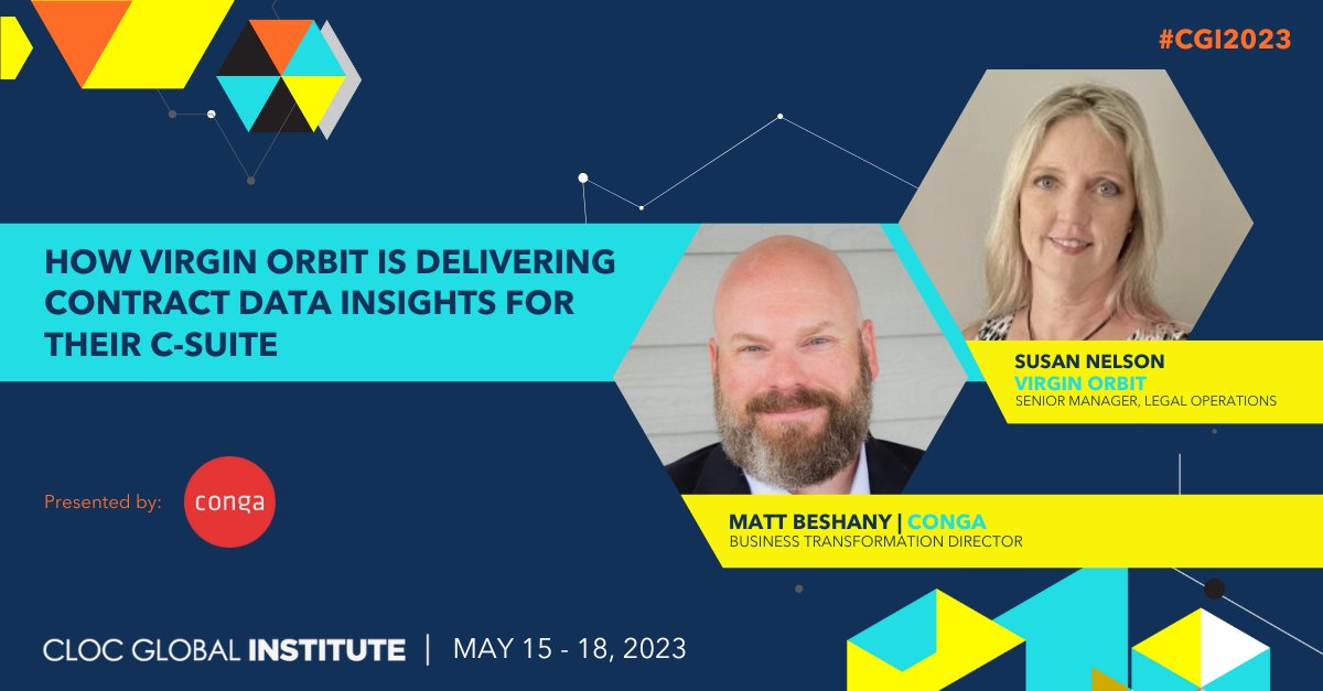 Catch our session at #CGI2023 to hear how <a href="/VirginOrbit/">Virgin Orbit</a>’s #legalops are using their systems to deliver useful contract data to top leadership w/ #ContractLifecycleManagement. 

Schedule a 1:1 w/ a Conga expert at booth 403:  okt.to/wcCVFL