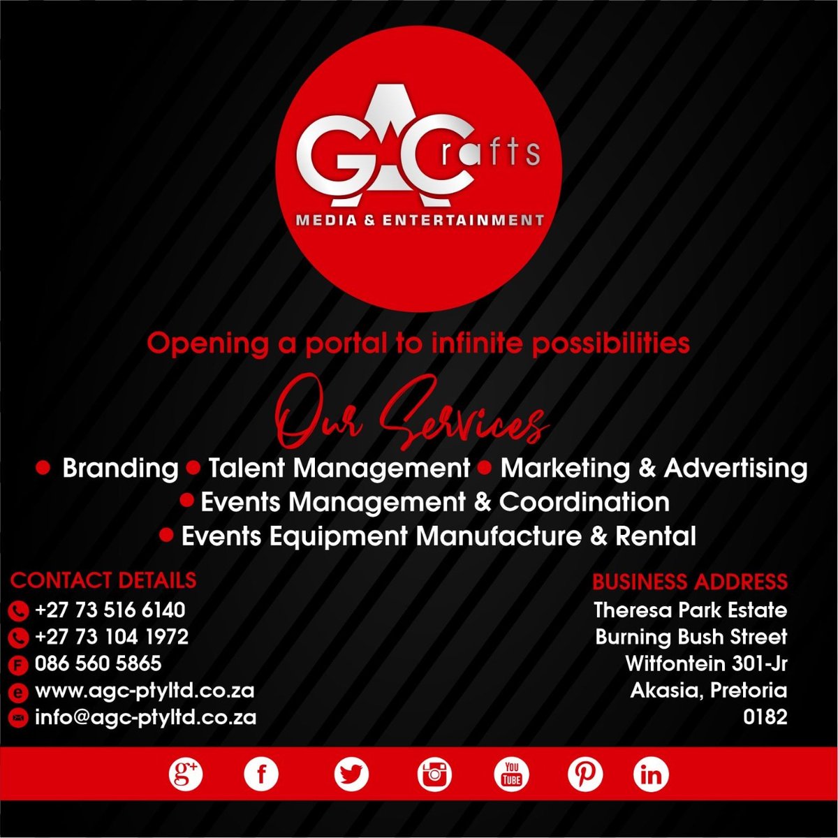 Joyce_Machedi's tweet photo. Artistic Ghetto Crafts (Pty) Ltd

Core Services
Branding | Talent Management | Marketing &amp; Advertising | Events Management &amp; Coordination | Events Equipment Manufacture &amp; Rental

"Opening A Portal To Infinite Possibilities"

#AGC #ArtisticGhettoCrafts https://t.co/a3q4ePbBaJ