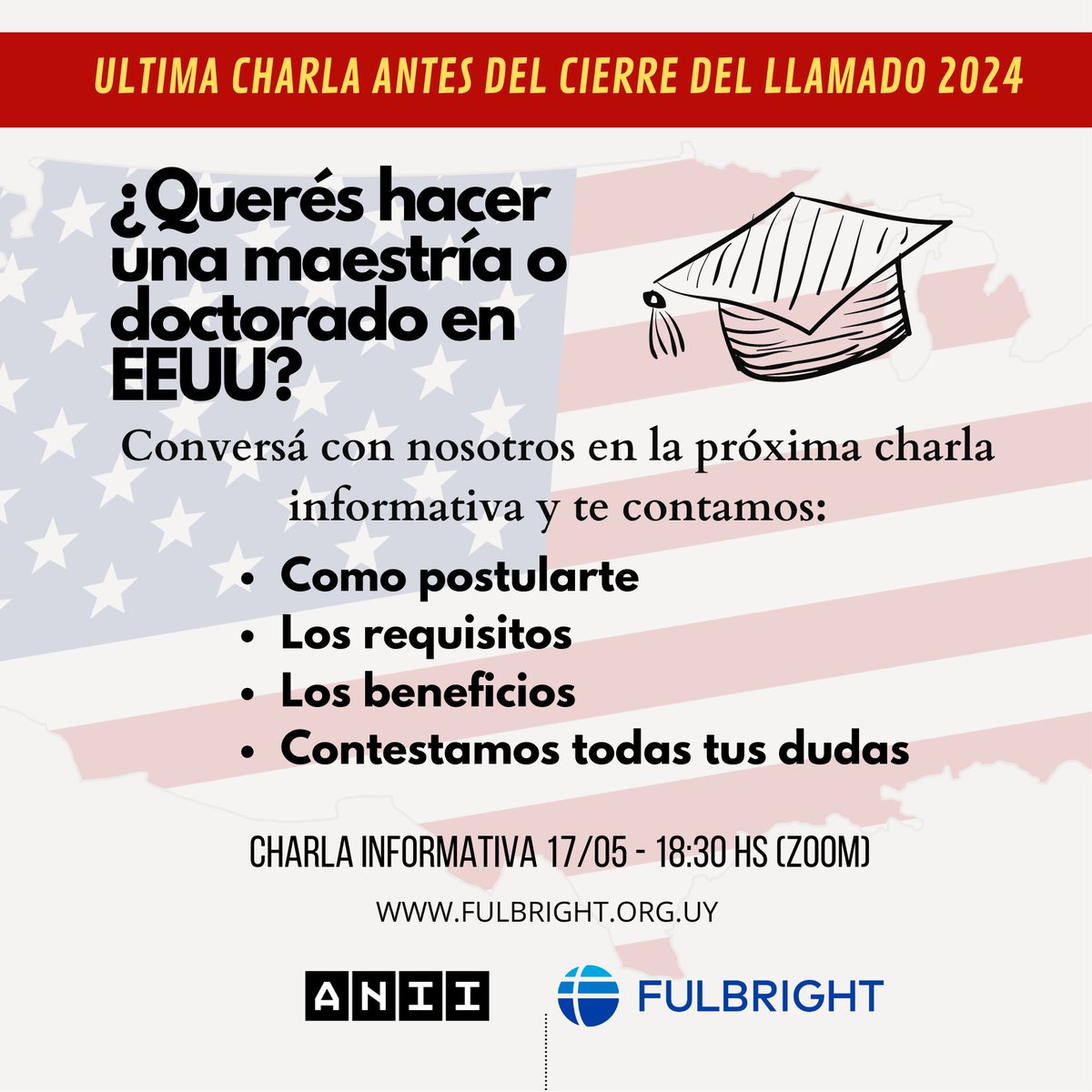 Fulbright Uruguay (@fulbrightuy) on Twitter photo ¿Te gustaría hacer un Master o PhD en EEUU? ¡¡Todavía estás a tiempo de postularte a una beca Fulbright de posgrado en coordinación con <a href="/ANIIuy/">ANII - Uruguay</a>!! 
🇺🇸📢Te invitamos a la ÚLTIMA CHARLA INFORMATIVA mañana a las 18:30hs 
👉🏽Registrate en: bit.ly/42gaM95 ¿Te gustaría hacer un Master o PhD en EEUU? ¡¡Todavía estás a tiempo de postularte a una beca Fulbright de posgrado en coordinación con <a href="/ANIIuy/">ANII - Uruguay</a>!! 
🇺🇸📢Te invitamos a la ÚLTIMA CHARLA INFORMATIVA mañana a las 18:30hs 
👉🏽Registrate en: bit.ly/42gaM95