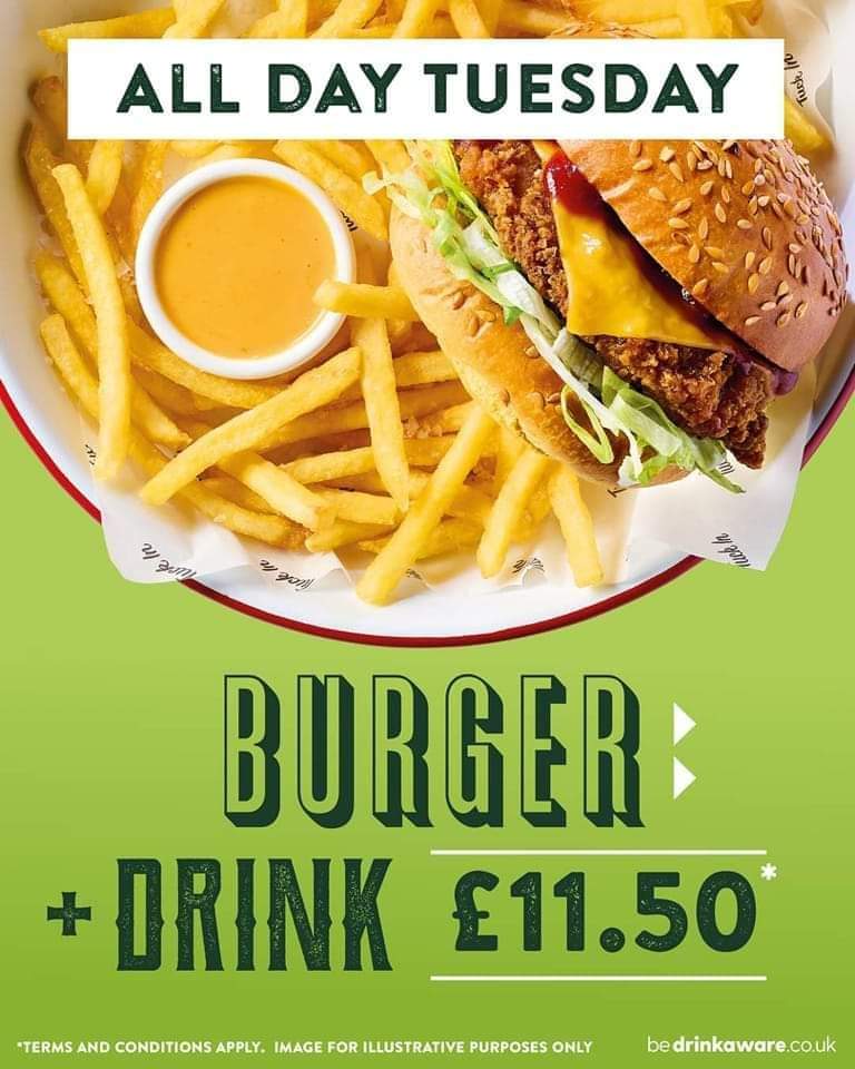 WIN £50 at our #PubQuiz 8pm tonight 👌
+ Watch Inter v Milan #championsleague ⚽️

+ get ANY of our burgers with a drink for £11.50 every Tues 😋