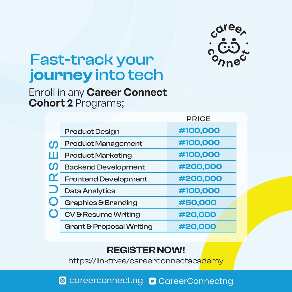Here are all the programs we offer at Career Connect Cohort 2. If you’re still thinking of getting into Tech, Your opportunity is here!

Take advantage of this opportunity right now. Seats are selling out fast so secure your spot today!

#careerconnect #Tech #techskills