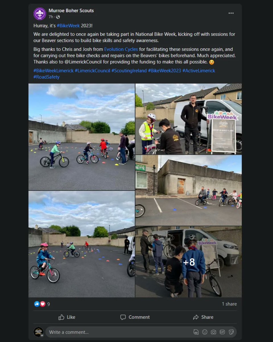 A big thanks to Murroe Boher Scouts for letting us be part of this initiative! We really had a good time offering our technical support!

#BikeWeekLimerick #LimerickCouncil #ScoutingIreland #BikeWeek2023 #ActiveLimerick #RoadSafety