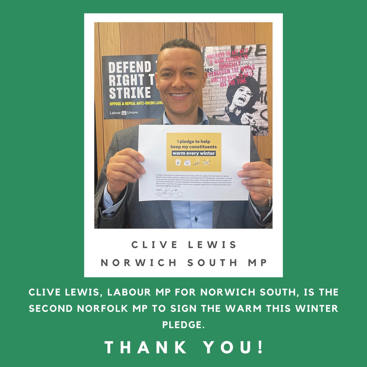 DilysMG's tweet photo. @labourlewis has signed the @ThisWinterUK pledge in partnership with @GetNorfolkGreen. This is fantastic news for the students in his constituency who struggle with large energy bills and worry about how the climate crisis will impact their futures. https://t.co/bjJKt8RvLs