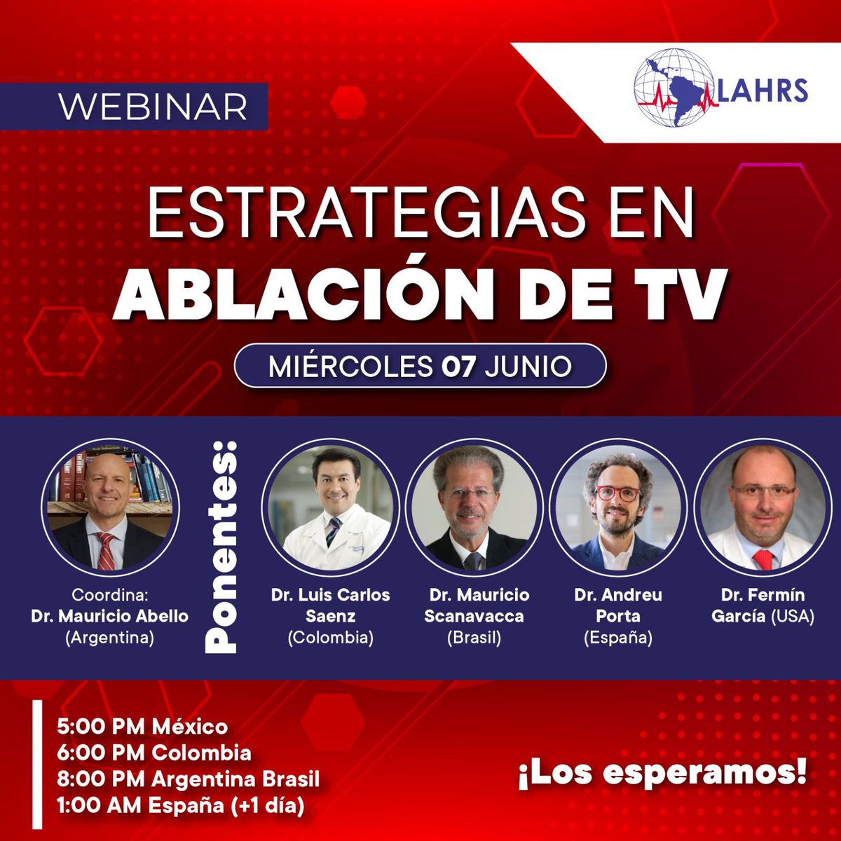 LAHRS (@lahrsonline1) on Twitter photo 📣📣Nuevo Webinar LAHRS
“ESTRATEGIAS EN ABLACIÓN DE TV”
Miércoles 7/6
Próximamente link de inscripción
Grandes expertos 👨⚕️: <a href="/mauseabello/">Mauricio Abello MD, MTSAC, FESC</a> <a href="/drluissaenz/">Luis C. Saenz, MD</a> <a href="/Scanav1Mauricio/">Mauricio Scanavacca</a> <a href="/aportasanchez/">Andreu Porta Sánchez</a> <a href="/DrFerminGarcia/">Fermin Carlos Garcia</a>
🔗Más información: lahrs.org/ciclo-de-webin… 📣📣Nuevo Webinar LAHRS
“ESTRATEGIAS EN ABLACIÓN DE TV”
Miércoles 7/6
Próximamente link de inscripción
Grandes expertos 👨⚕️: <a href="/mauseabello/">Mauricio Abello MD, MTSAC, FESC</a> <a href="/drluissaenz/">Luis C. Saenz, MD</a> <a href="/Scanav1Mauricio/">Mauricio Scanavacca</a> <a href="/aportasanchez/">Andreu Porta Sánchez</a> <a href="/DrFerminGarcia/">Fermin Carlos Garcia</a>
🔗Más información: lahrs.org/ciclo-de-webin…