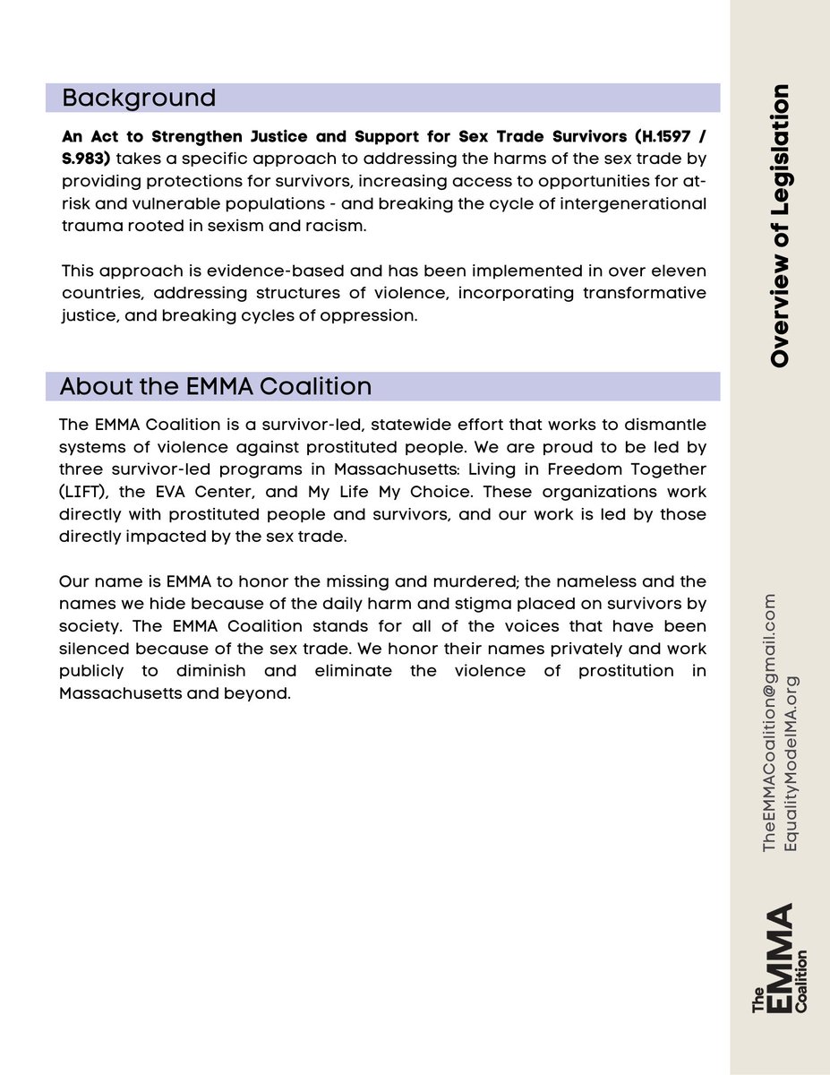 H.1597 / S.983 is a Survivor-led, comprehensive, and proven approach to reducing sexual exploitation and prostitution. This bill decriminalizes people being bought and sold in the sex trade (overwhelmingly women and girls, and disproportionately BIPOC and LGBTQIA individuals),...