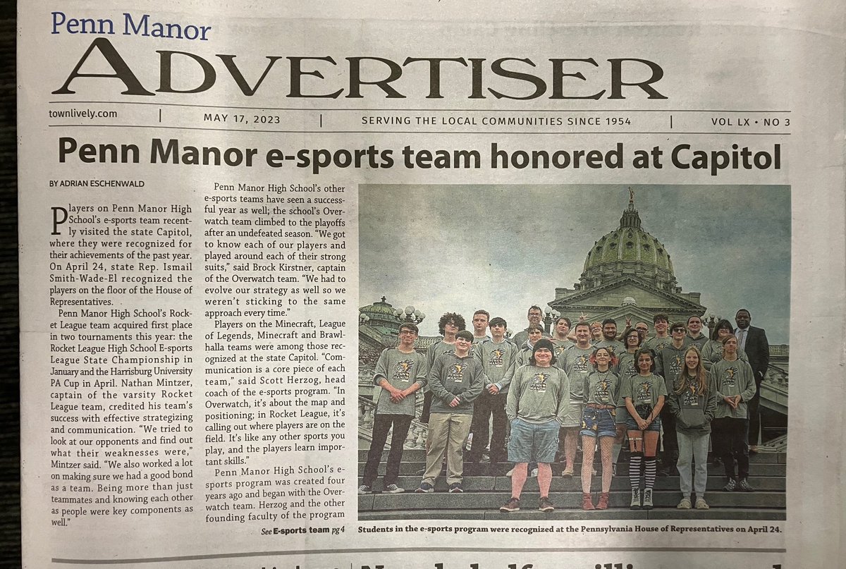pennmanor's tweet image. Shout-out to the Penn Manor Advertiser for running articles this week on Penn Manor’s e-sports team and Hambright’s environmental award and new community garden.