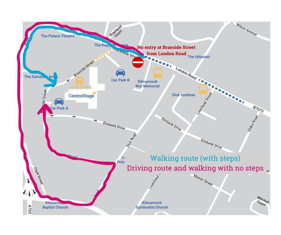 ⛔️Please be aware that as of tomorrow, 17 May, there will be a temporary closure of access to Braeside Street from London Road. Your normal route in to CentreStage may change. The below image depicts the best and quickest routes with this change. @fionacs @EastAyrshire