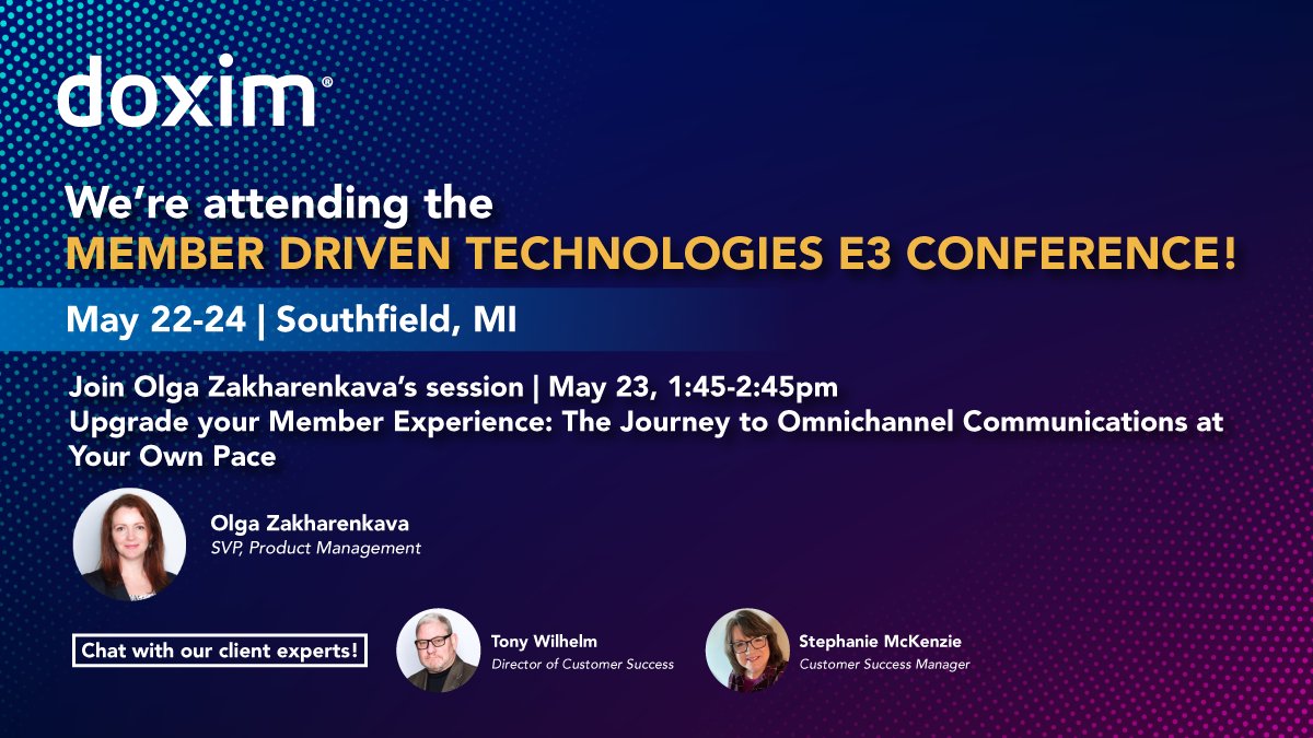 Credit Unions: Our team is excited to see you at the @memberdriven E3 Conference, May 22-24 in Southfield, MI. 

Don't miss Olga Zakharenkava’s session “Upgrade your Member Experience: The Journey to Omnichannel Communications at Your Own Pace” on May 23, from 1:45-2:45pm.

#MDT
