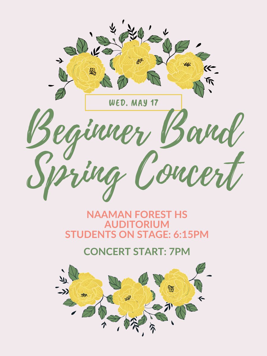 The end of the year is approaching!! Our Beginner Band has their concert tomorrow at Naaman Forest HS at 7pm. 

Students will be there at 6:15pm to warm up on stage. We are so excited to share our music with you! 🐻🎶 #WebbTimeToShine #WebbPRIDE