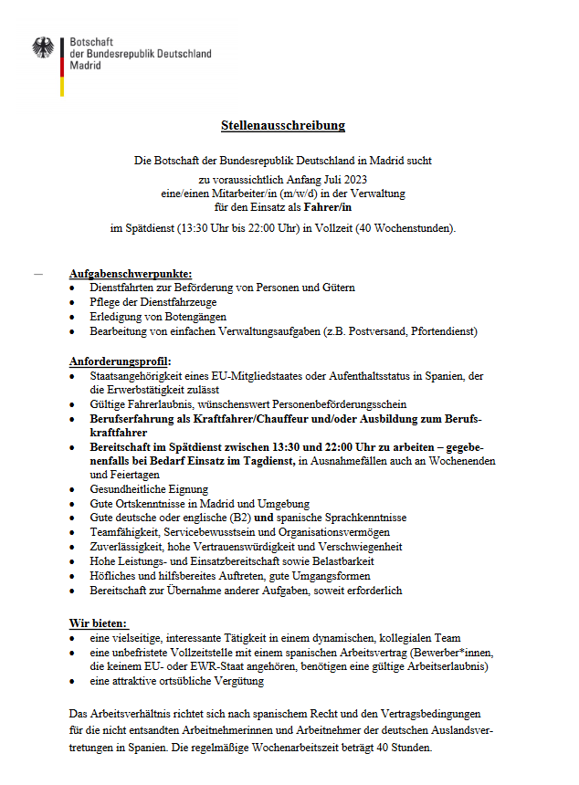 💼¡Oferta de #empleo!💼

Buscamos a una persona para el puesto de #chófer
👉 A tiempo completo (40h semanales)
🕓 En horario de tarde (de 13:30 a 22:00 horas)
📅 Para incorporación a principios de julio de 2023

Inscríbete aquí hasta el 30 de mayo de 2023: tinyurl.com/2zvk9kpn