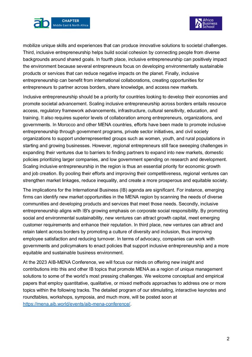 ICYMI! Call for Papers 
Academy of International Business - Middle East &amp; North Africa Chapter - 2023 Conference
Rabat, Morocco - Dec 10-13, 2023  
Theme: Scaling Inclusive Entrepreneurship Across Borders for Sustainable Futures mena.aib.world/news/call-for-……
<a href="/AIB_World/">Academy of International Business</a>
#CfP
