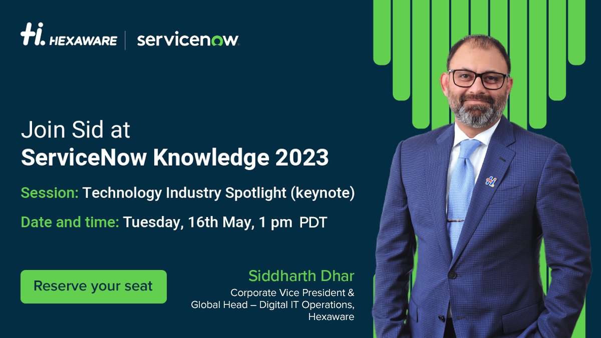 HexawareGlobal's tweet photo. Join Sid Dhar today in the spotlight keynote: Technology Providers Say YES to Powering Connected Ecosystems While Reducing Costs. Learn more about driving #innovation across customer &amp; partner experiences – all while reducing the cost to serve. https://t.co/XCrBCP4Bh3
#ServiceNow https://t.co/RihhA8ya7M