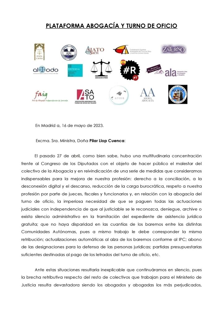 AbogaciayTurno's tweet photo. Carta abierta a la Ministra @pilar_llop @justiciagob de la Plataforma de Abogacía y Turno de Oficio  @AJAI64281603 @Ajatojaen @Aiustacausa @TurnoOficio @Ajusto @AlaAbog @MadridAltodo @AhoraAbogacia @Zaturno3 @AtoibBaleares @AbogaciaEnRedes #Asato @DEFENDA5 @FOROGRANADA @OtrosiA https://t.co/FK7BbFyqqw