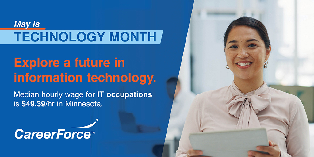 careerforcemn's tweet image. Did you know the median wage for IT positions in Minnesota is $49.39/hour? Find out about wage ranges, demand for workers with tech skills and more in our #TechMonthMN blog posts: bit.ly/3Mu1LTB