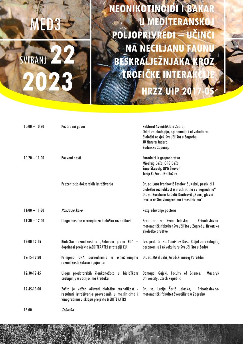 Meditera3P's tweet photo. MEDITERATRI, HRZZ UIP 2017-05-1046, zavrsna konferencija, ponedjeljak 22. svibnja 2023., na Dan biološke raznolikosti, u Svečanoj dvorani Sveučilišta u Zadru,  s početkom u 10:00 sati. Vidimo se! 🕸🦋🐌🕷🐛🦗🪲 https://t.co/QKRDVkzb9p https://t.co/4KglmkCE16