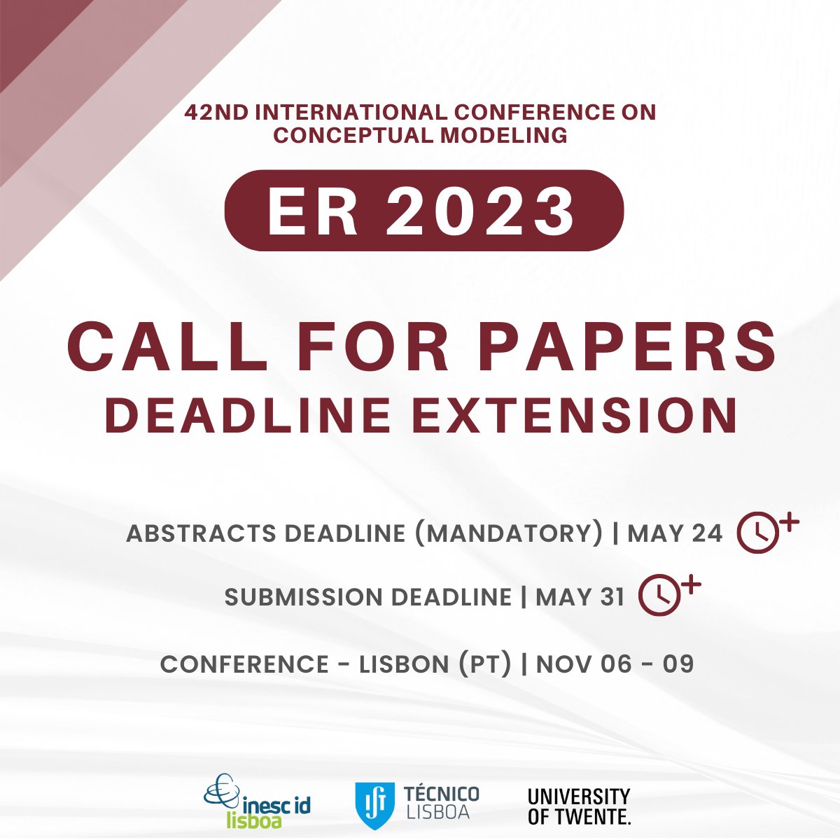 Deadline Extension of the #er2023 Main Track!

Check out the new dates and don’t miss this opportunity to submit your contribution!

Main Track 
 - Abstracts deadline (mandatory): 24 May
 - Full-paper submission deadline: 31 May

er2023.inesc-id.pt/calls/papers

#cfp #deadline #extension
