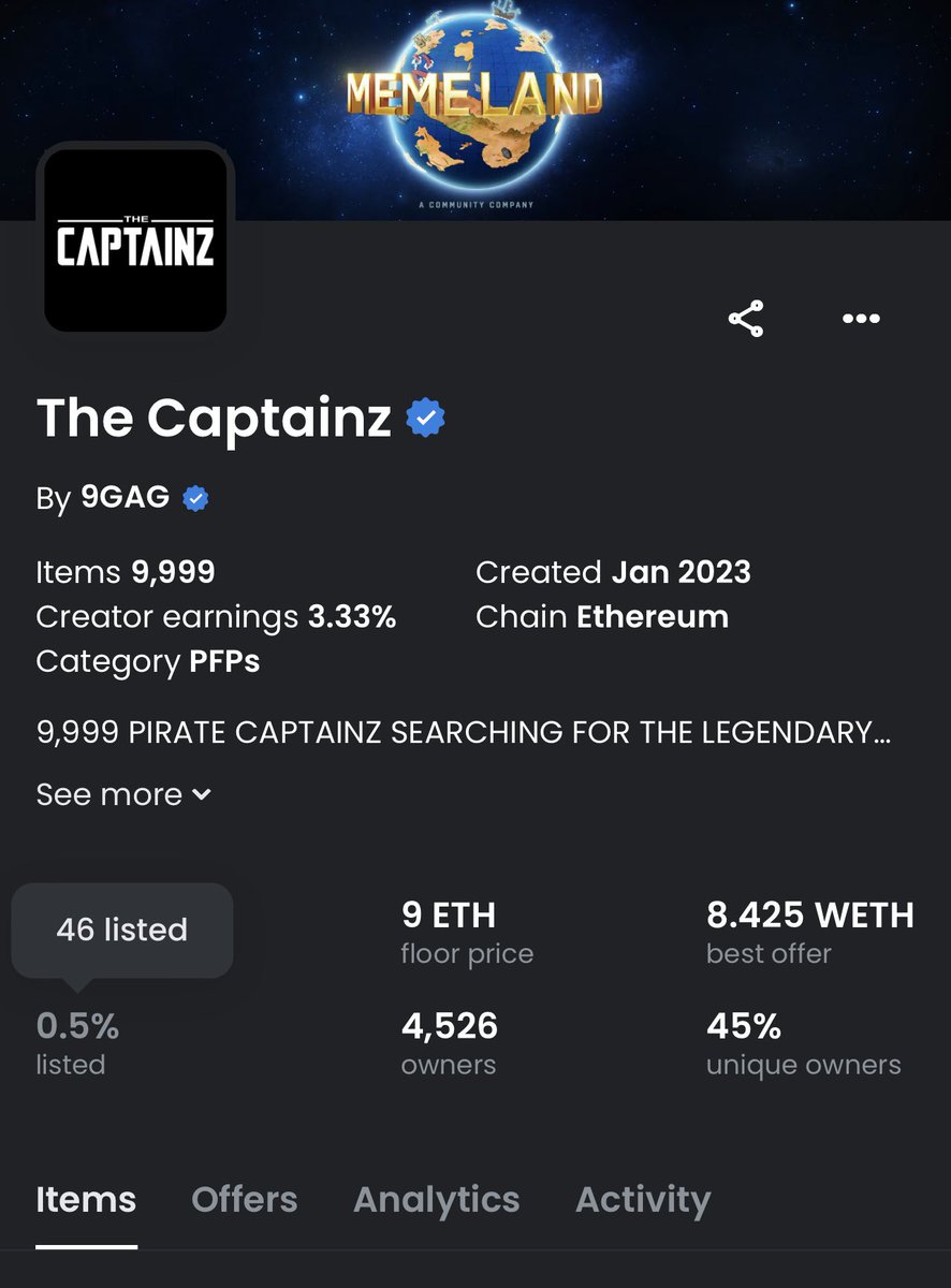 lawrence_nft's tweet photo. 9 eth and only 46 listed.. 9999 collection! 

Put your collectors first is the only way. https://t.co/N6XLfQsDjT