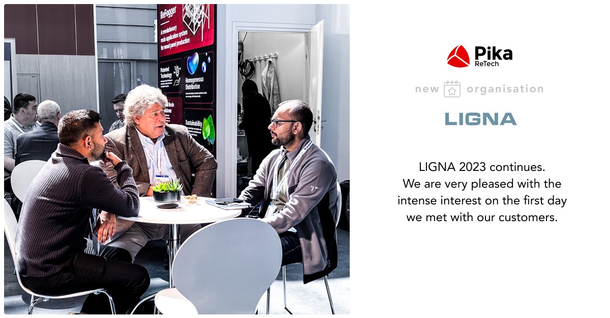 PikaRetech's tweet photo. LIGNA 2023 continues. We are very pleased with the intense interest on the first day we met with our customers. We welcome familiar faces and forge new connections.

#LIGNA2023 #PikaRetech #WoodBasedPanel #Sustainability #EcoFriendly #HanoverGermany #Siempelkamp https://t.co/jUBbLSnOfM