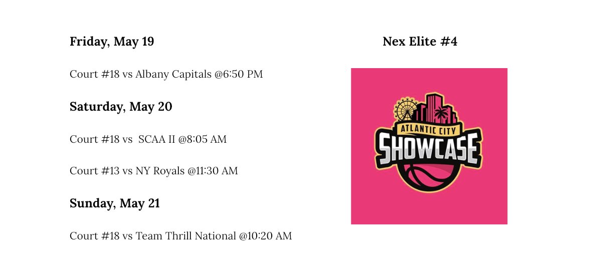 Schedule for the Atlantic City Showcase this weekend🏀🏀<a href="/NEX_Russell/">New England Exposure</a> <a href="/james_reen/">James Reen</a>