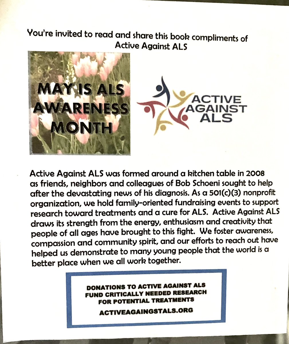ActiveALS's tweet image. Thx to the NeuroNetwork for Emerging Therapies at Michigan Medicine for this comprehensive fact sheet. We included it inside the back cover of the books we're placing in neighborhood Little Free Libraries. 

facebook.com/10006475458423…

#littlelibraryals 
#ALSAwarenessMonth