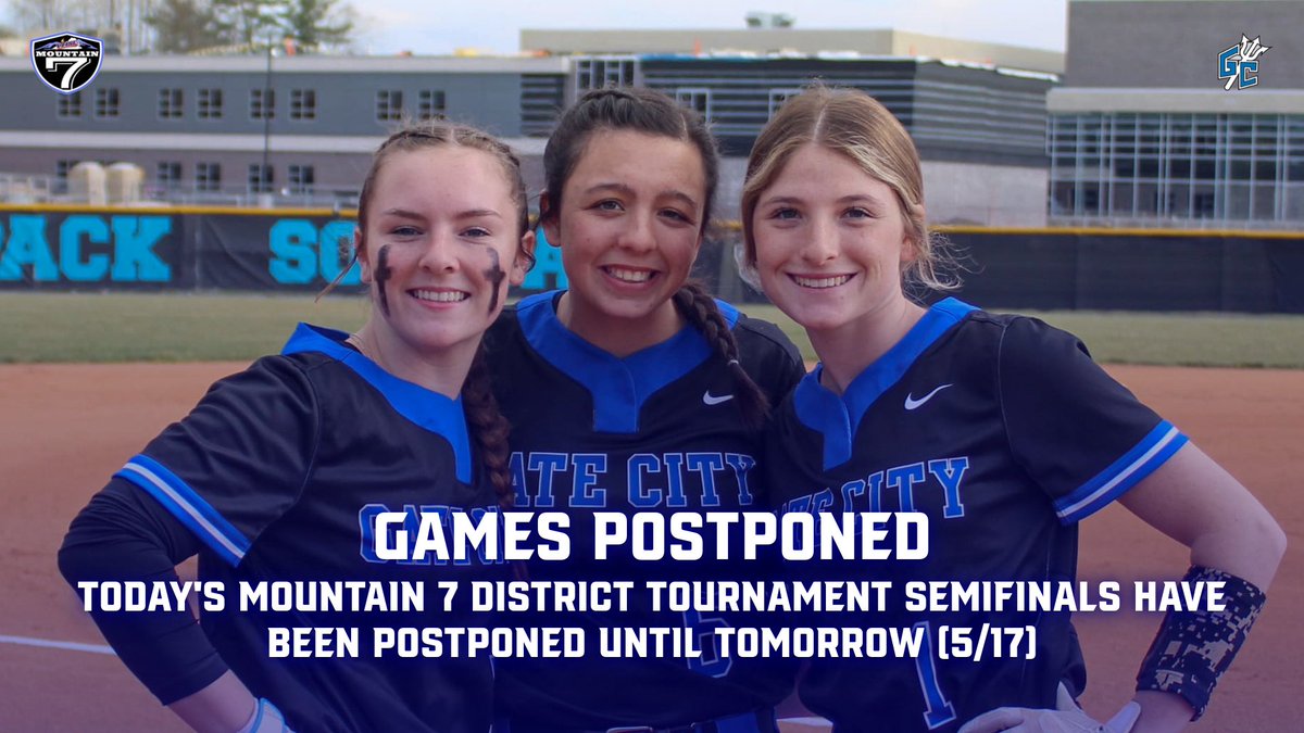 GCHSDevils's tweet photo. Today's Mountain 7 Softball semifinals has been postponed until tomorrow.

Schedule for tomorrow:
5:30 PM - #3 Lee vs #2 John Battle
7:30 PM - #4 Central vs #1 Gate City

@GCSBALL https://t.co/HLq1Dgju81