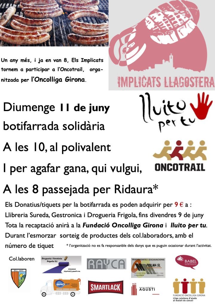 llagosteraldia's tweet photo. 📢Els Implicats #Llagostera tornen a participar a l’@OncolligaGi!

Per recaptar fons organitzen una caminada i botifarrada solidària!

🗓11 de juny
⏰10h
📍Polivalent

🎟Tiquets a la Llibreria Sureda, Gestrònica i a la Drogueria Frigola fins al 9 de juny
👉https://t.co/8RRMZIKk5Z https://t.co/UdvzFbVBYq